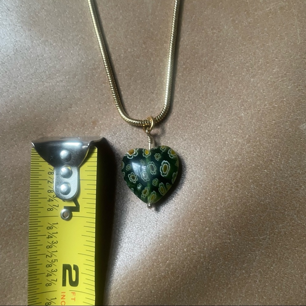 💚 Green Heart Italian Millefiori glass bead snake chain necklace gold brass - Picture 6 of 7